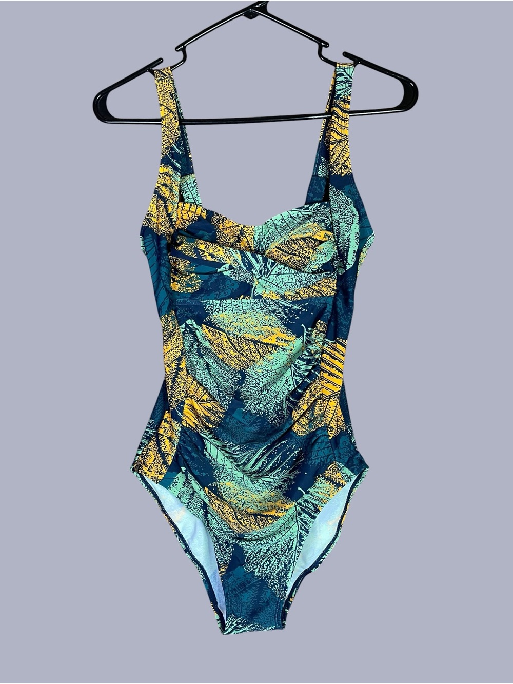 Tropical Leaves One-Piece Swimsuit Green Blue Yellow Slenderizing Sz Small NWT